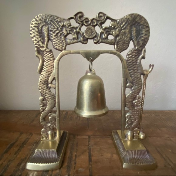 Vintage Chinese Brass Bell on Ornate Dragon Arch with Mallet - Picture 1 of 7